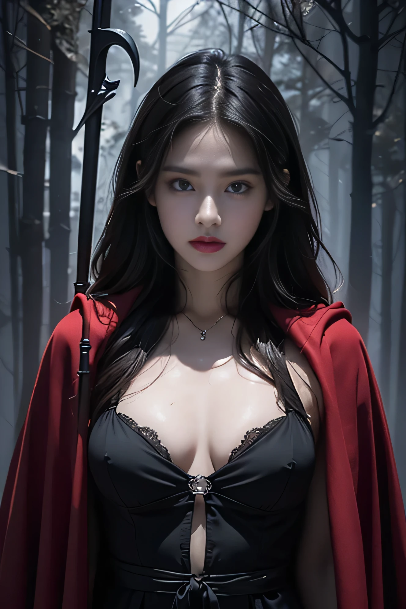 (best quality, very detailed, realistic:1.37), god of death, dark atmosphere, complex skeletal structure, Celestial Light, flowing red cloak, giant scythe, empty eye sockets, skeleton hand, ominous presence, dramatic lighting, Foggy background, supernatural power, unforgettable expression, creepy atmosphere, There is a spectrum, Sinister atmosphere, otherworldly beauty, Exquisite craftsmanship, winding ribbon, difficult to understand, Ghastly elegance, spectral creatures, hauntingly beautiful, eternal guardian, a transcendent being, eerie silence, Bone-chilling power, hauntingly realistic, malevolent energy, Gothic aesthetics, Mysterious atmosphere, etheric realm, a menacing presence, floating soul, mysterious figure, unforgettably captivating, beautiful face, sexy clothes, succubus, red lips, whole body, beautiful bridge, high heel