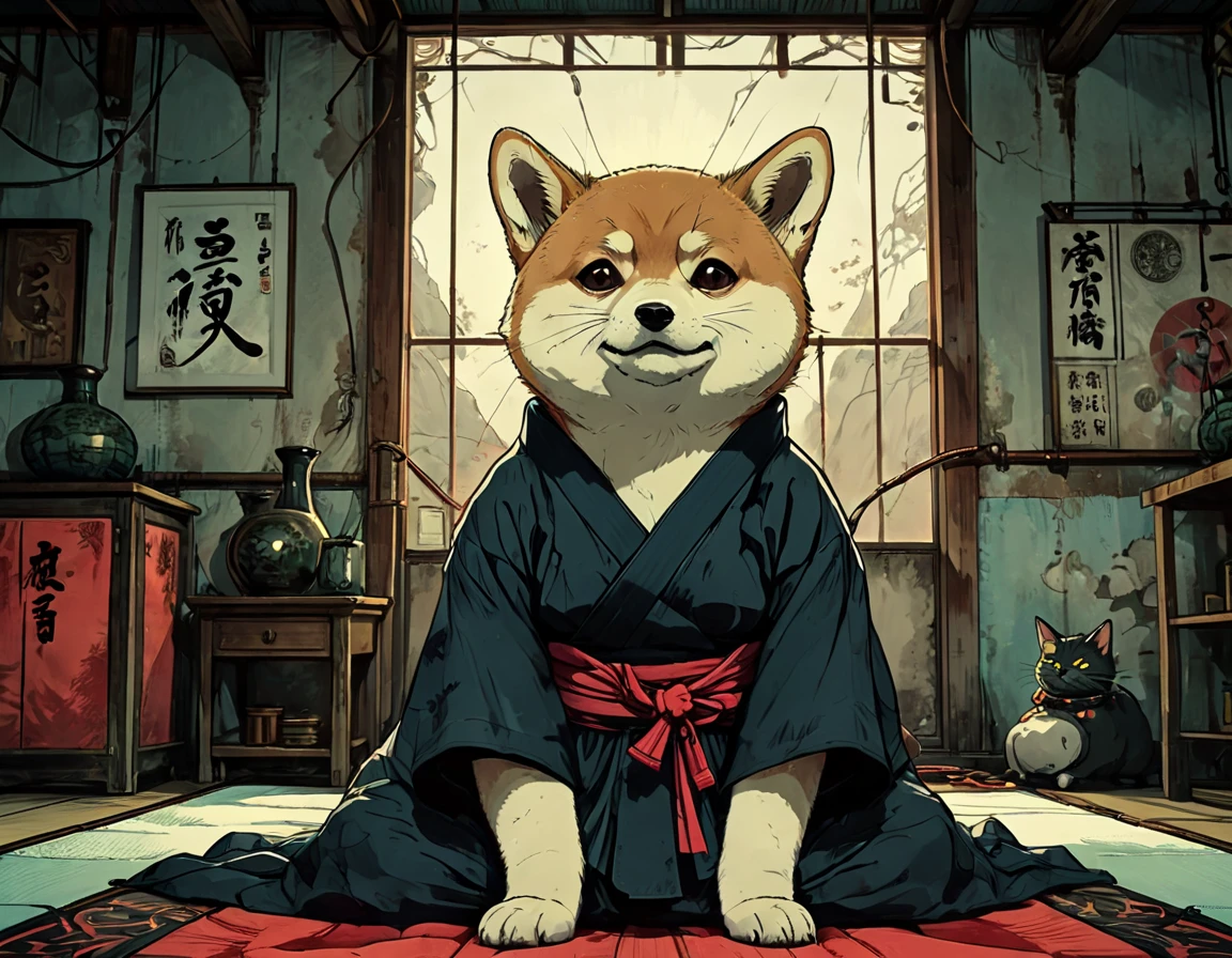 Anthropomorphic shiba inu in kimono on tatami vs. Anthropomorphic fat black cat. Studio Ghibli Dark Comics. Underground fighting without rules. Mortal Kombat, alcohol ink sketch technique, hyperdetailed, 32k resolution, employing octane rendering akin to Unreal Engine, with radiant color palette, astonishing in composition, monumental masterpiece, vivid colors, volumetric lighting, cinematic allure.