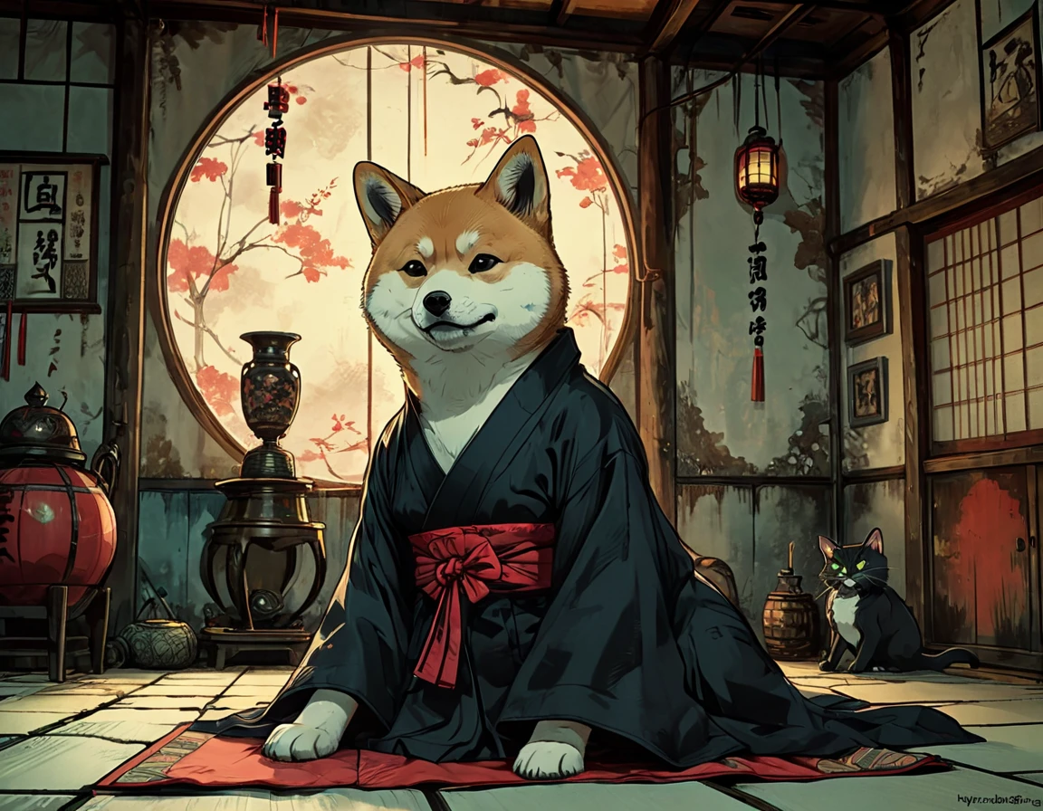 Anthropomorphic shiba inu in kimono on tatami vs. Anthropomorphic fat black cat. Studio Ghibli Dark Comics. Underground fighting without rules. Mortal Kombat, alcohol ink sketch technique, hyperdetailed, 32k resolution, employing octane rendering akin to Unreal Engine, with radiant color palette, astonishing in composition, monumental masterpiece, vivid colors, volumetric lighting, cinematic allure.