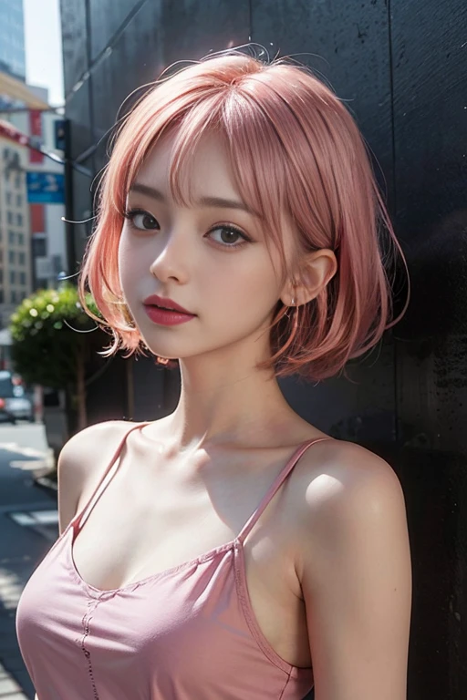 ((Masterpiece)), ((highest quality)), (Super Detail), ((High detail)), 4K, (8K), Highest quality, (beautiful), Realistic photos, Disorganized, Wall Street, Pink Hair、chest、chestの谷間、short hair、Earrings、Black T-shirt, satisfied expression, 自然なbeautiful光, かなりbeautiful女性、Look up to the sky、((Don't look at the viewer))