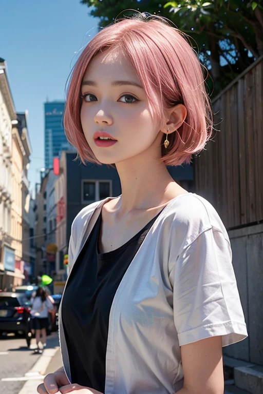 ((Masterpiece)), ((highest quality)), (Super Detail), ((High detail)), 4K, (8K), Highest quality, (beautiful), Realistic photos, Disorganized, Wall Street, Pink Hair、chest、chestの谷間、short hair、Earrings、Black T-shirt, satisfied expression, 自然なbeautiful光, かなりbeautiful女性、Look up to the sky、((Don't look at the viewer))