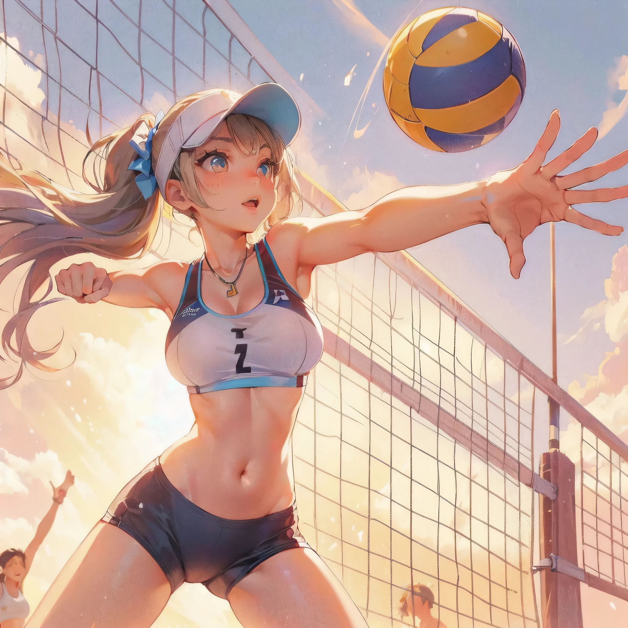 high quality,HD,16k,sharp lines,1 girl,Female beach volleyball athlete ,cute face, large , nice legs,At the beach volleyball venue,focus girl,detailed beautiful face,detailed clothes,beautiful eyes,cool,dynamic angle