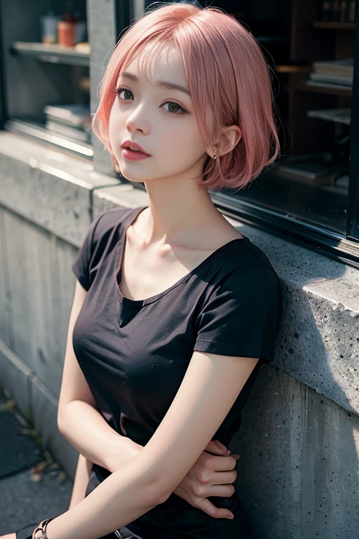 ((Masterpiece)), ((highest quality)), (Super Detail), ((High detail)), 4K, (8K), Highest quality, (beautiful), Realistic photos, Disorganized, Wall Street, Pink Hair、chest、chestの谷間、short hair、Earrings、Black T-shirt, satisfied expression, 自然なbeautiful光, かなりbeautiful女性、Look up to the sky、((Don't see the viewer 1.2))