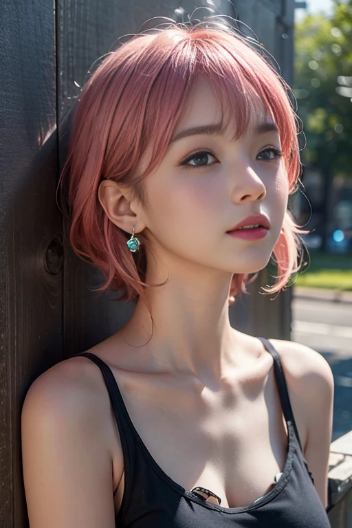 ((Masterpiece)), ((highest quality)), (Super Detail), ((High detail)), 4K, (8K), Highest quality, (beautiful), Realistic photos, Disorganized, Wall Street, Pink Hair、chest、chestの谷間、short hair、Earrings、Black T-shirt, satisfied expression, 自然なbeautiful光, かなりbeautiful女性、Look up to the sky、((Don't see the viewer 1.2))