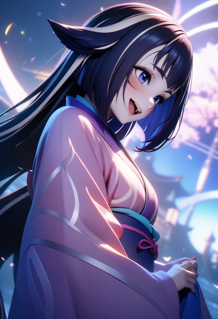 (shylily/(Twich/):1.5),(masterpiece:1.2),(best quality:1.2),, (1girl:1.3),woman, best quality, beautiful lights, Professional lighting, Photon Mapping, Radiosity, Physically Based Rendering,, forehead, hair ribbon, Japanese clothes, kimono, Long hair, Colorful hair, open mouth,pink kimono, pink ribbon, ribbon, Smile, very Long hair, Sky, (original photo, 8K Ultra HD, Film Grain)