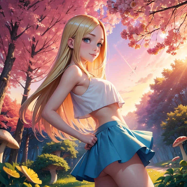 (masterpiece, best quality:1.4), (8K), Young blonde beauty, (((18 years old, neat girl))), detailed blue eyes, long eyelashes, blush, kind smile, upper body, crop top, small ass, slender thin legs, pink skirt, (from side), (looking at viewer), beautiful blonde hair, white-skinned, long hair, parted bangs, (breasts), (mushroom forest, celestial forest, beautiful and magnificent pink sunshine, majestic sky), colorful natural light)