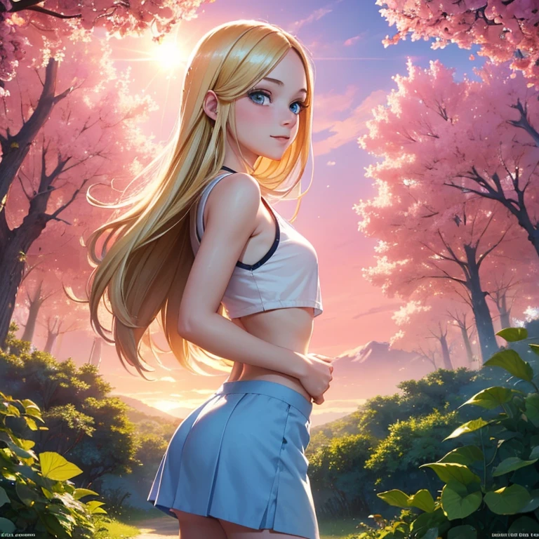 (masterpiece, best quality:1.4), (8K), Young blonde beauty, (((18 years old, neat girl))), detailed blue eyes, long eyelashes, blush, kind smile, upper body, crop top, small ass, slender thin legs, pink skirt, (from side), (looking at viewer), beautiful blonde hair, white-skinned, long hair, parted bangs, (breasts), (mushroom forest, celestial forest, beautiful and magnificent pink sunshine, majestic sky), colorful natural light)