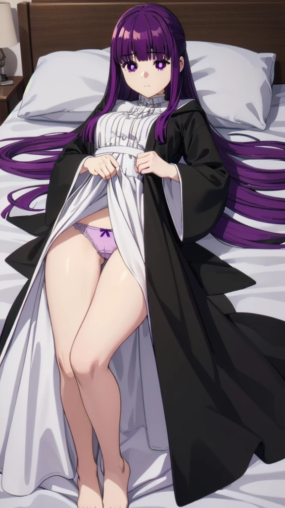 (((Pixel Perfect, Perfect detail))), ((alone, 1 girl)), fern, long hair, bangs, (purple eyes:1.1), purple hair, sidelocks, blunt bangs, (bright pupils:1.5), half updo, long sleeves, dress, white dress, long dress, robe, black robe,(lie on the bed;1.3), (showing panties :1.3), full body, indoor