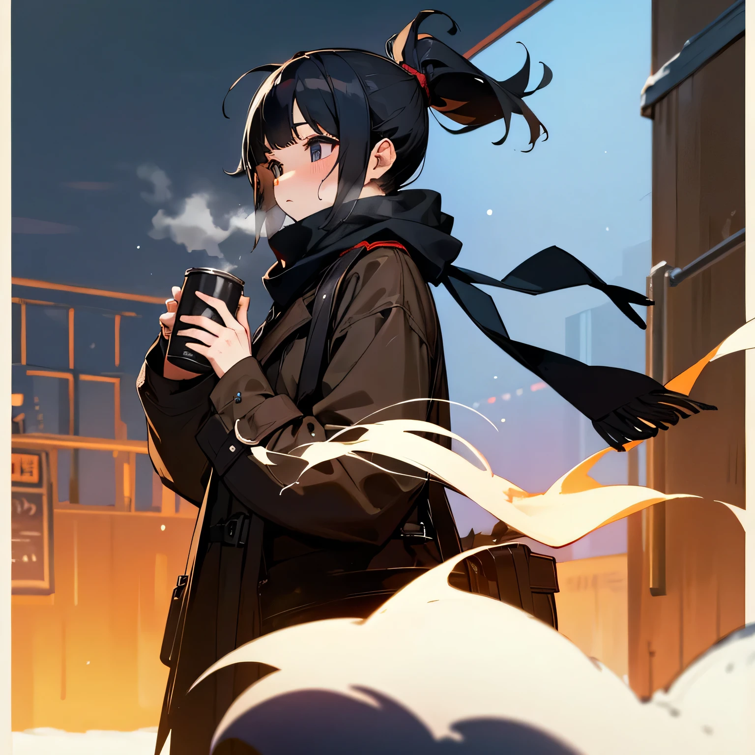 girl、Black Hair、ponytail、coat、Scarf、Hot canned coffee、winter