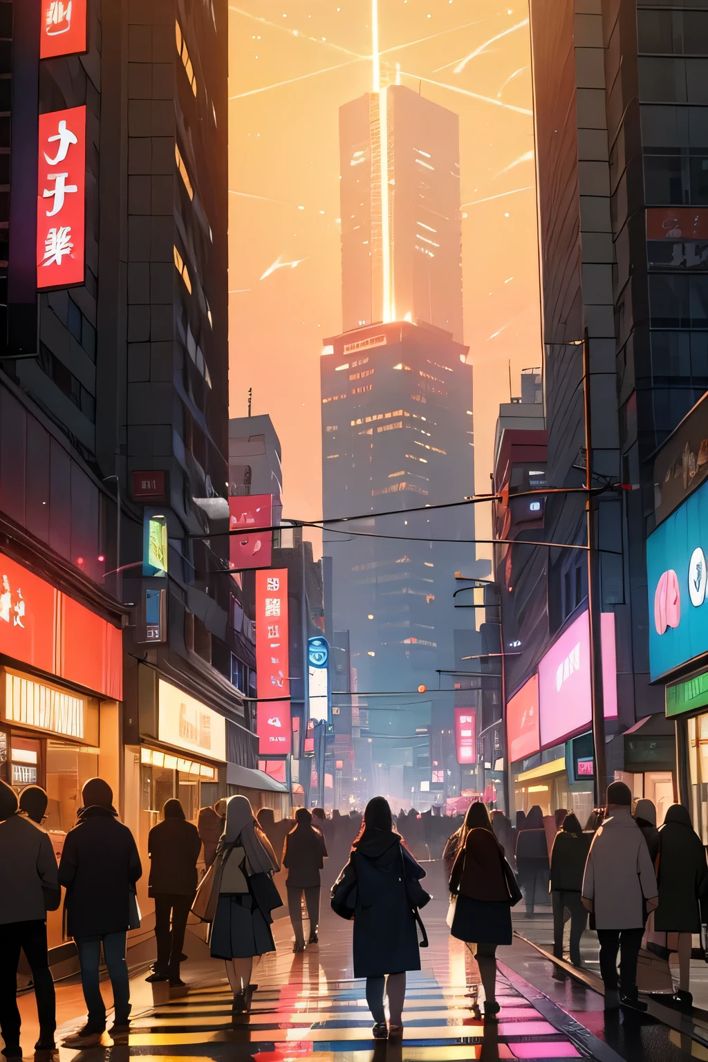  A busy street in a Japanese metropolis, illuminated by the bright neons of the stores, bares e letreiros luminosos. Excited people walk along the sidewalks, enquanto carros passam rapidamente pelas ruas. The night sky is dotted with stars, e a lua brilha suavemente sobre a cena, adding a touch of magic to the hustle and bustle of urban life.