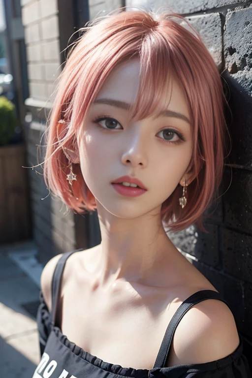 ((Masterpiece)), ((highest quality)), (Super Detail), ((High detail)), 4K, (8K), Highest quality, (beautiful), Realistic photos, Disorganized, Wall street, Pink Hair、chest、chestの谷間、short hair、Earrings、Black T-shirt, satisfied expression, 自然なbeautiful光, かなりbeautiful女性、Look up to the sky、((Don't see the viewer 1.2))