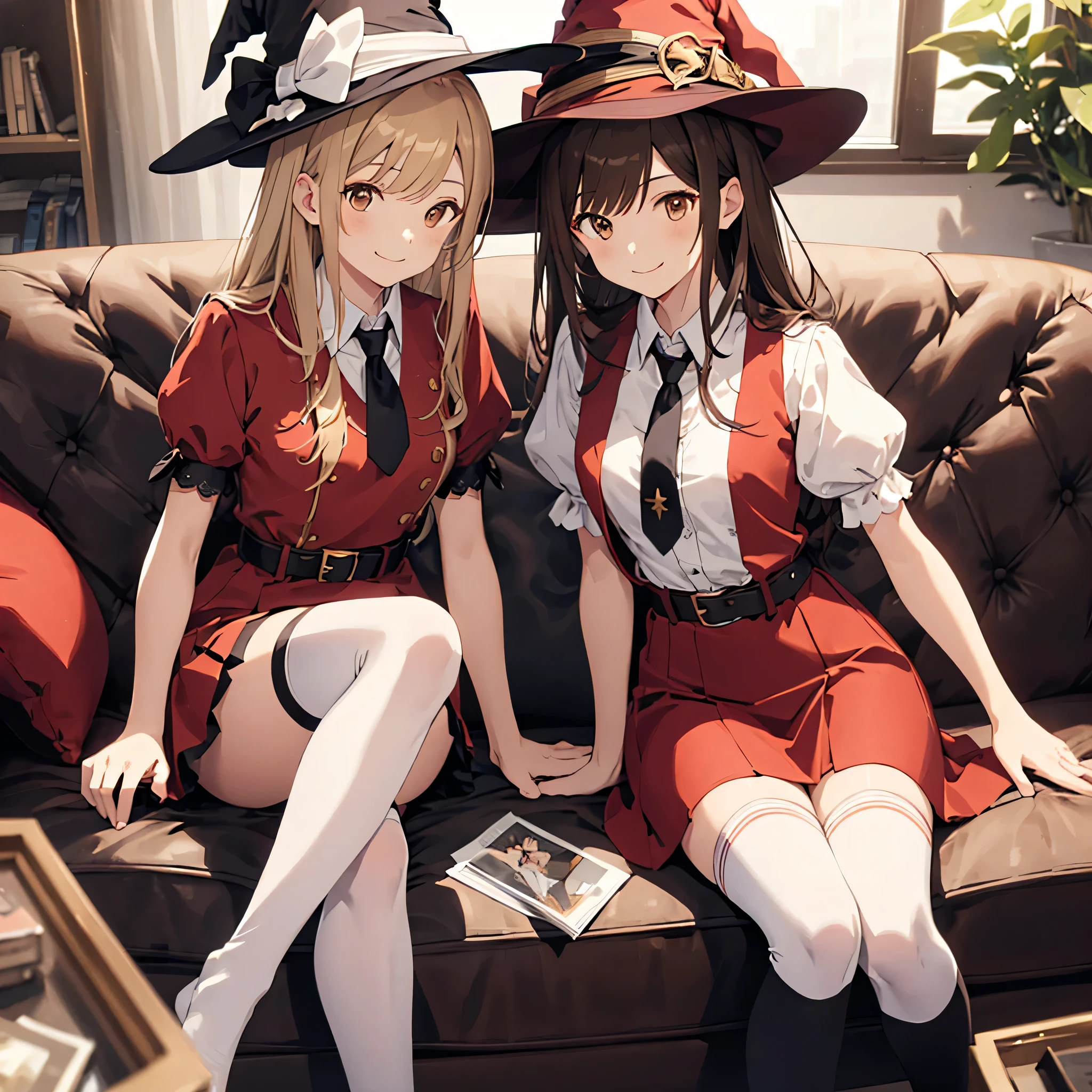 two beautiful young women in witch , multiple girls, witch hat, necktie, sitting, socks, dress, smile, short sleeves, brown hair, long hair, couch, blonde hair, kneehighs, looking at viewer, red dress, closed mouth, indoors, thighhighs, brown eyes, belt, white shirt, bangs, puffy sleeves