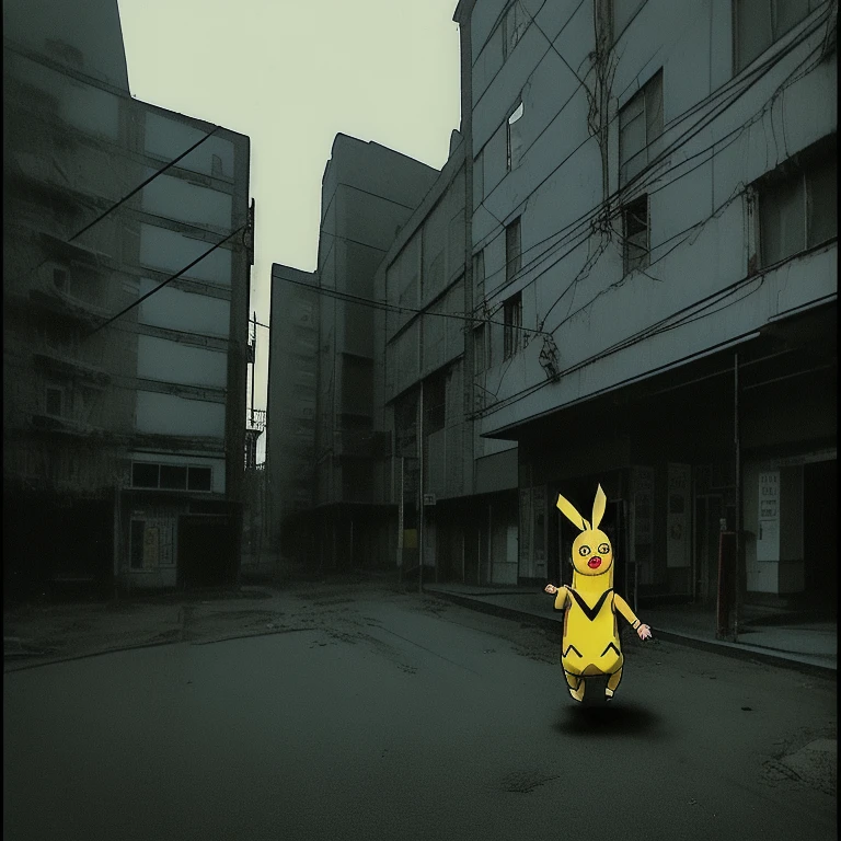 90s anime style, alone, (((Muscular Pikachu))) Pikachu attacks,In the background is an abandoned, abandoned building, Gloomy atmosphere, Cinematic, Detailed body, Fine grain, 8k, highest quality, Full Sharp, Very detailed, Skin pores, Natural skin texture, Superior quality,((Scary Pikachu/Creepy Pikachu)),(((4th degree:1.4))),((Abnormally long limbs)),