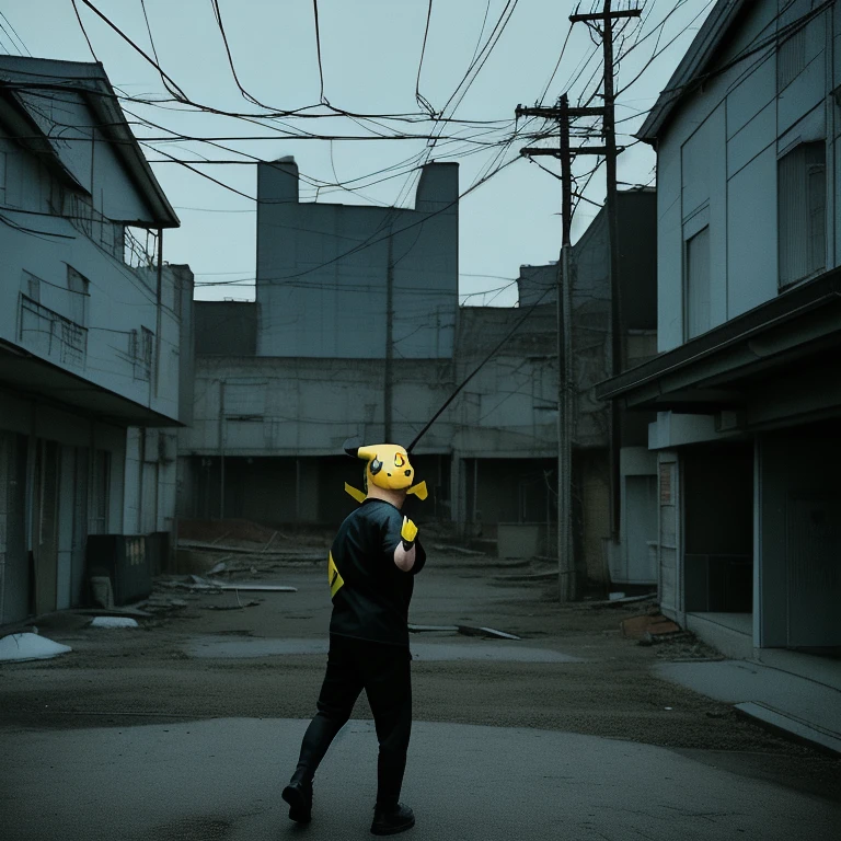 90s anime style, alone, (((Muscular Pikachu))) Pikachu attacks,In the background is an abandoned, abandoned building, Gloomy atmosphere, Cinematic, Detailed body, Fine grain, 8k, highest quality, Full Sharp, Very detailed, Skin pores, Natural skin texture, Superior quality,((Scary Pikachu/Creepy Pikachu)),(((4th degree:1.4))),((Abnormally long limbs)),