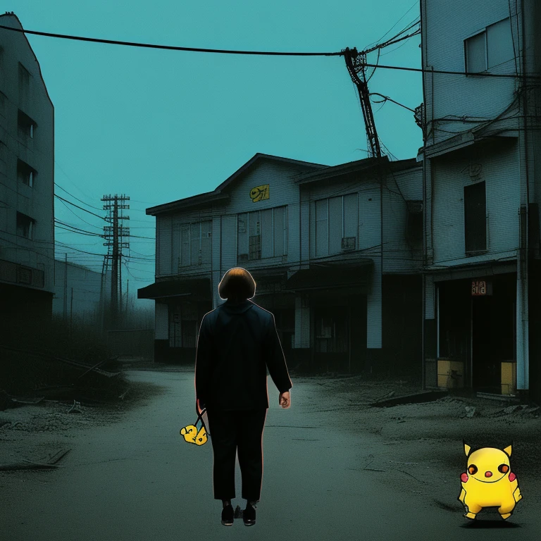 90s anime style, alone, (((Muscular Pikachu))) Pikachu attacks,In the background is an abandoned, abandoned building, Gloomy atmosphere, Cinematic, Detailed body, Fine grain, 8k, highest quality, Full Sharp, Very detailed, Skin pores, Natural skin texture, Superior quality,((Scary Pikachu/Creepy Pikachu)),(((4th degree:1.4))),((Abnormally long limbs)),