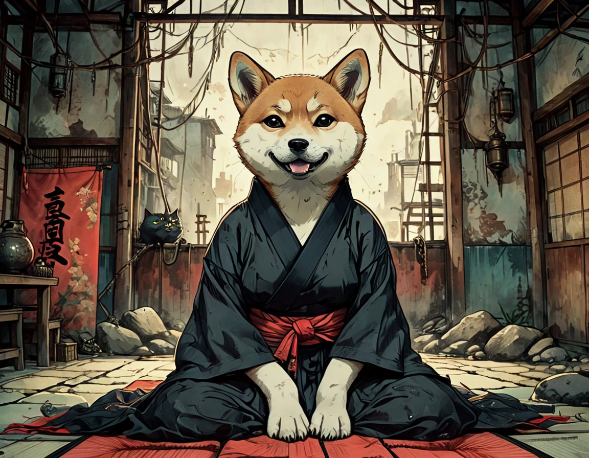 Illustration of an anthropomorphic Shiba Inu, garbed in a detailed kimono, clashing fiercely with a heavily built anthropomorphic black cat on a tatami mat, in the center of a chaotic underground fighting arena, featuring a melodramatic Ghibli-esque dark comic style, representing an epic Mortal Kombat-inspired scene, with watercolor texturing, popular on Artstation, captured with sharp focus akin to Unreal Engine, with radiant color palette, astonishing in composition, monumental masterpiece, vivid colors, volumetric lighting, cinematic allure.