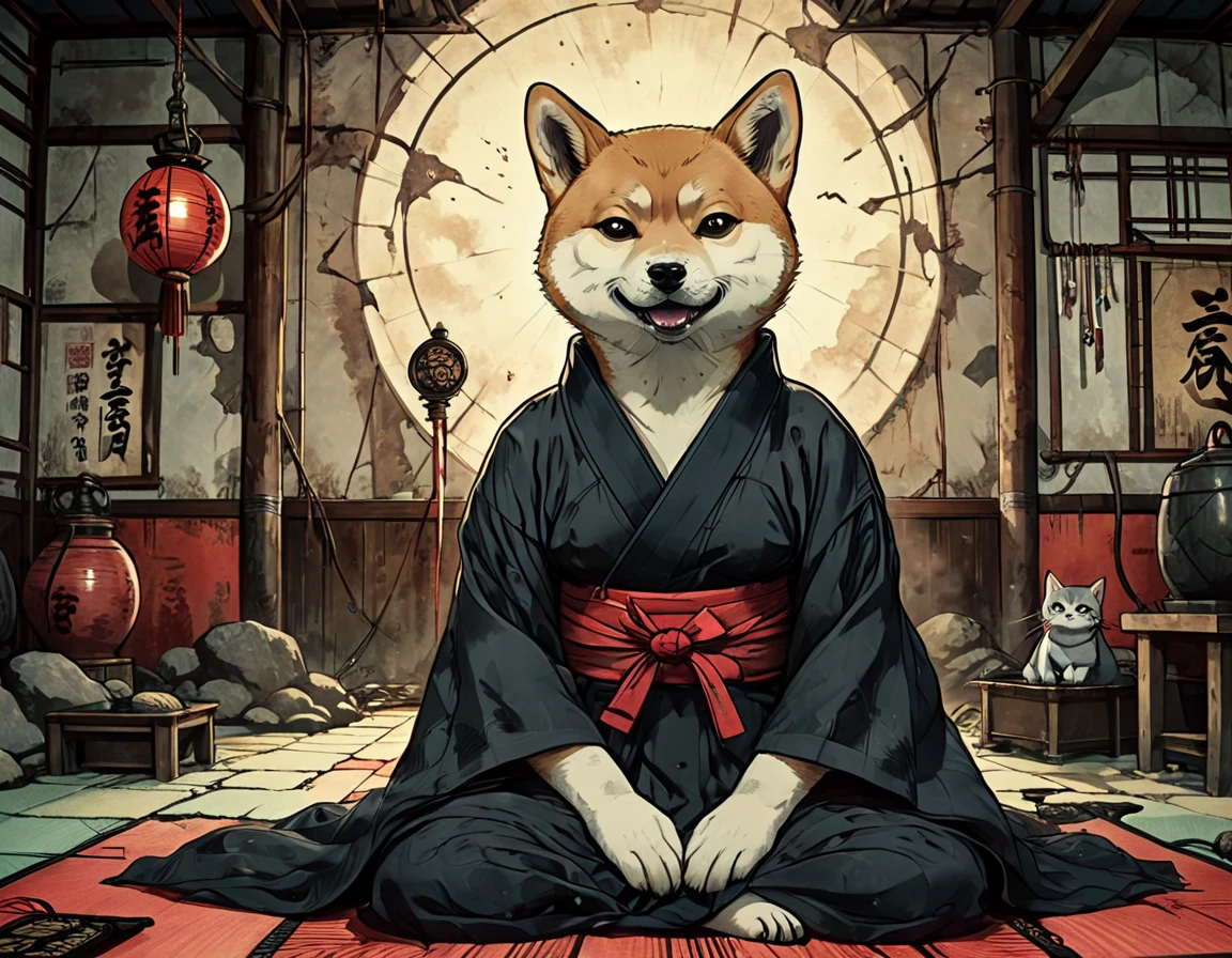 Illustration of an anthropomorphic Shiba Inu, garbed in a detailed kimono, clashing fiercely with a heavily built anthropomorphic black cat on a tatami mat, in the center of a chaotic underground fighting arena, featuring a melodramatic Ghibli-esque dark comic style, representing an epic Mortal Kombat-inspired scene, with watercolor texturing, popular on Artstation, captured with sharp focus akin to Unreal Engine, with radiant color palette, astonishing in composition, monumental masterpiece, vivid colors, volumetric lighting, cinematic allure.