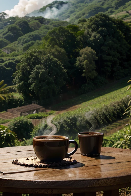 coffee cup with the name "Roasting São Geraldo" on a modern table, with scattered coffee beans, smoke coming out of the cup, in a coffee farm landscape and people harvesting with blur in the background, tongue out, surprised, anime style, cinematic lighting, perspective, UHD, UHD, 8k