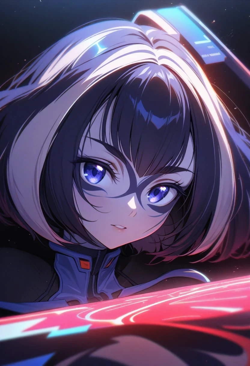 (shylily/(Twich/):1.5),(masterpiece:1.2),(best quality:1.2),, (1girl:1.3),(best quality:1.2),1 Girl,Solitary,,White tights,,Pilot suit,short hair,Bangs,interface headset,turtleneck sweater,Hair between the eyes,Pixelated background,Neon,Sci-fi color scheme,Bright colors,metallic feel,Detailed shadows,holographic interface,Dark atmosphere,High contrast,Clear focus,A strand of hair,Reflective surface,Fine details,High resolution,Studio Lighting,red accents,Illuminate your surroundings,Artificial Intelligence Assistant