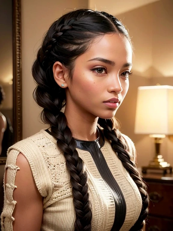 A refined description of the scene you described:
A woman in tight shorts and hair braided in a complex, elegant style is depicted in a stunning scene. Your braided hair displays a variety of patterns and textures, demonstrating skill and art in creating the hairstyle.
The woman is portrayed with a confident and proud posture, destacando sua beleza e autenticidade. Your facial features are distinct and expressive, reflecting your individuality and inner strength.
The scene is softly lit, highlighting the details of the braided hair and the beauty of the woman. Your presence is captivating, conveying a sense of grace and determination.
This depiction of a black woman with braided hair is a celebration of black culture and beauty., capturing the elegance and pride of a traditionally significant hairstyle.