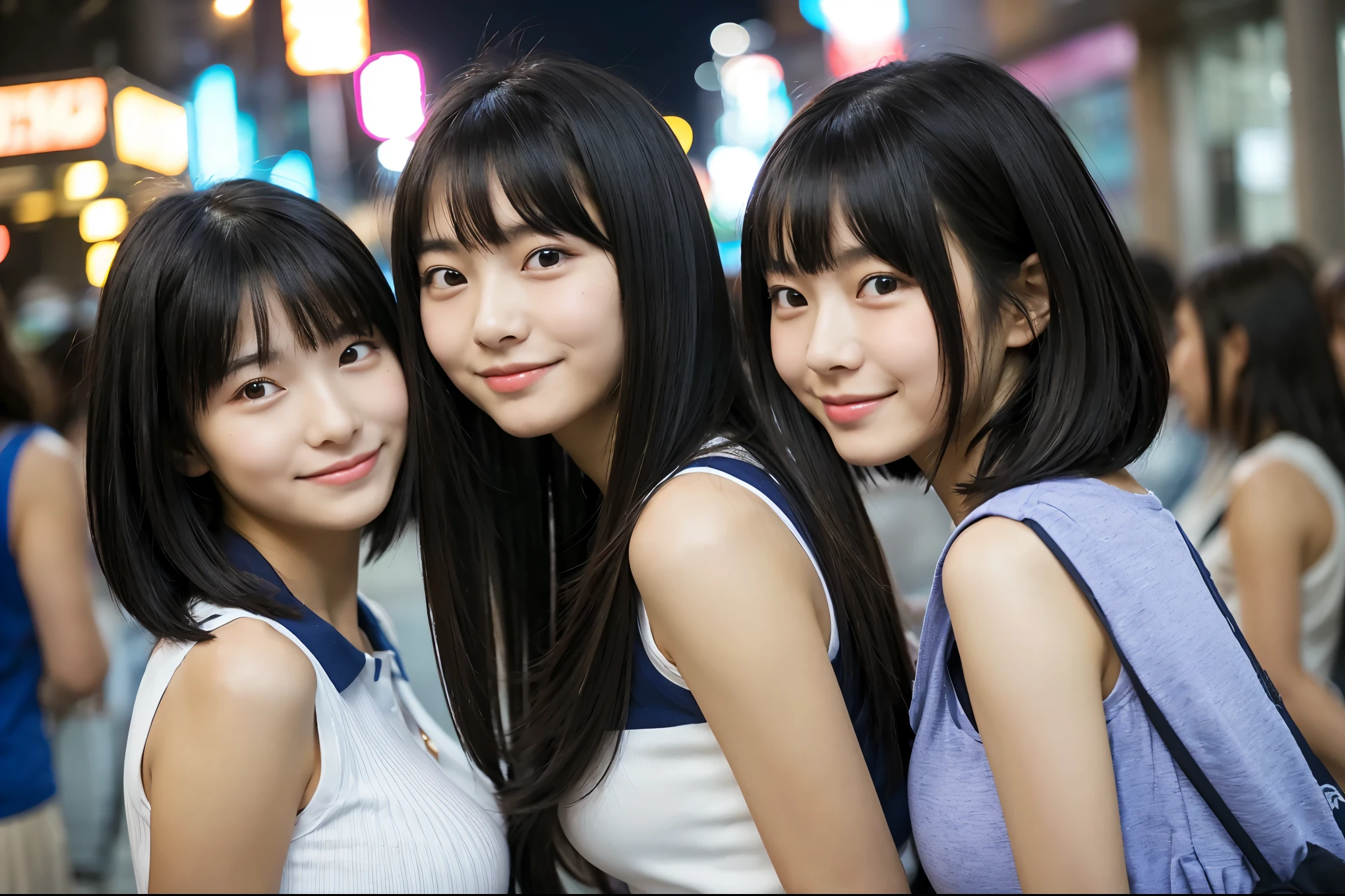 Very detailed super high quality super high quality Surreal photograph three japanese girls Very detailed (Each girl has a different hairstyle randomly、A different face:1.3) smile Fair skin 16 years old ((Half-open lips:1.3)) Beautiful and soft skin ((Beautifully styled straight short hair)) Beautiful and perfect body very cute A beautiful and clear-skinned young man々New Skins 16 years old (High school girl wearing a sleeveless shirt) Big Breasts whole body Everyday City Busy city ((night)) Audience'perspective Front view (Big Breasts:1.3) (Cleavage) (Amazingly cute girl:1.3) (whole bodyポートレート)