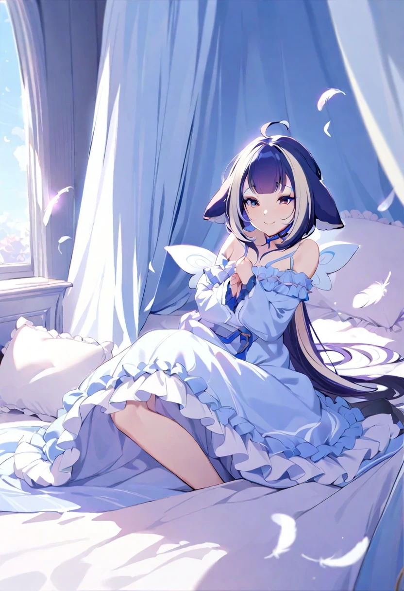 (shylily/(Twich/):1.5),(masterpiece:1.2),(best quality:1.2),, (1girl:1.3),,pajama ,happy girls,(pillow fight on the bed),((Girls holding pillows),(Many small feathers flutter)),((A long-sleeved, long-skirted nightgown with frills and ribbons)),Lolita style fashion,On a huge, wide canopy bed,Many frilly pillows on the bed,Ruffled Bed Skirt,Frilled curtains around the bed,detailed face,