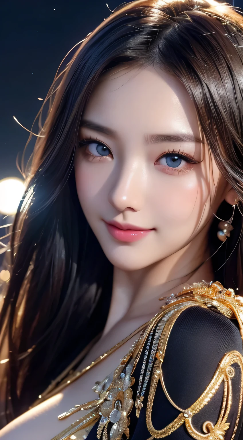 Beautiful woman in kimono，body portrait、8k，fine and beautiful eyes，Dindal effect、masterpiece, 最high quality, high quality, High resolution、very detailed photos、(natural skin texture、fine skin、hyper realism、Super sharpness)、high detail skin、(very detailed、fine skin texture、intricate details、beautiful face、(lifelike face)、realistic eyes、beautiful and detailed eyes、real looking skin、beautiful skin、surreal、very detailed、golden ratio、with smiling eyes、((night moonlight background))、body portrait、G cup、big breasts,glamorous,shiny bodysuit