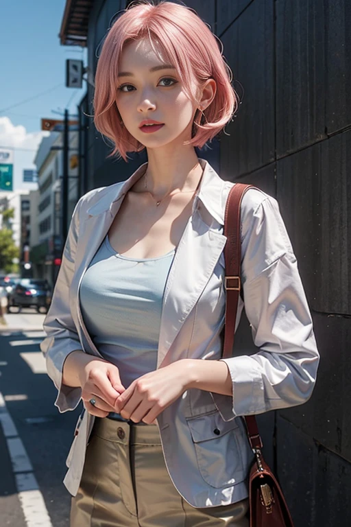 ((Masterpiece)), ((highest quality)), (Super Detail), ((High detail)), 4K, (8K), Highest quality, (beautiful), Realistic photos, Disorganized, Wall street, Pink Hair、chest、chestの谷間、short hair、Earrings、Business suit, satisfied expression, 自然なbeautiful光, かなりbeautiful女性、Look up to the sky、((Don't look at the viewer: 1.2))