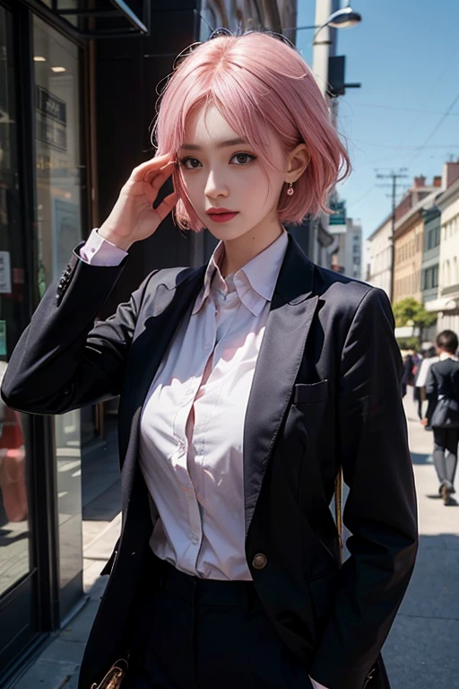 a girl is walking,best quality,looking at viewers,pink hair,blue hair,fashion style,pretty face,sailor collar,lmasterpiece,photorealistic,realistic,cinemagraph,realskin.milky skin,prospect,street,full body,highres,absurdres,feathers,times square,pattern,metal,skin texture,