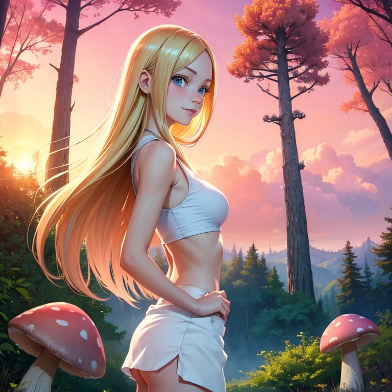 (masterpiece, best quality:1.4), (8K), Young blonde beauty, (((18 years old, neat girl))), detailed blue eyes, long eyelashes, blush, kind smile, upper body, crop top, small ass, slender thin legs, pink skirt, (from side), (looking at viewer), beautiful blonde hair, white-skinned, long hair, parted bangs, (medium size breasts), (mushroom forest, celestial forest, beautiful and magnificent pink sunshine, majestic sky), colorful natural light)