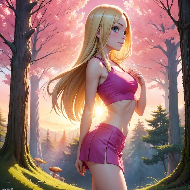 (masterpiece, best quality:1.4), (8K), Young blonde beauty, (((18 years old, neat girl))), detailed blue eyes, long eyelashes, blush, kind smile, upper body, crop top, small ass, slender thin legs, pink skirt, (from side), (looking at viewer), beautiful blonde hair, white-skinned, long hair, parted bangs, (medium size breasts), (mushroom forest, celestial forest, beautiful and magnificent pink sunshine, majestic sky), colorful natural light)