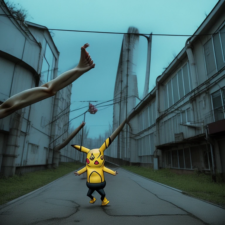 90s anime style, alone, (((Muscular Pikachu))) Pikachu attacks,In the background is an abandoned, abandoned building, Gloomy atmosphere, Cinematic, Detailed body, Fine grain, 8k, highest quality, Full Sharp, Very detailed, Skin pores, Natural skin texture, Superior quality,((Scary Pikachu/Creepy Pikachu)),((Abnormally long limbs:1.5)),