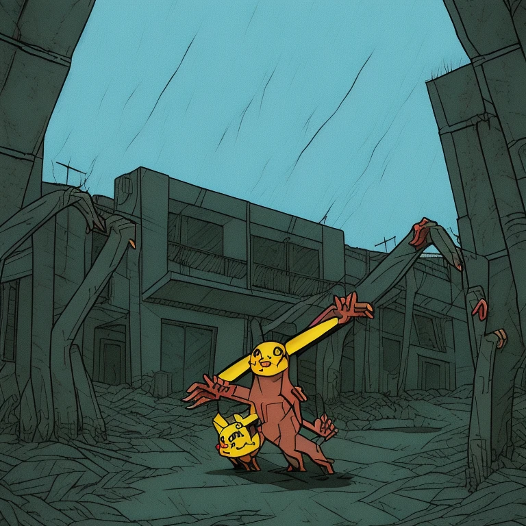 90s anime style, alone, (((Muscular Pikachu))) Pikachu attacks,In the background is an abandoned, abandoned building, Gloomy atmosphere, Cinematic, Detailed body, Fine grain, 8k, highest quality, Full Sharp, Very detailed, Skin pores, Natural skin texture, Superior quality,((Scary Pikachu/Creepy Pikachu)),((Abnormally long limbs:1.5)),