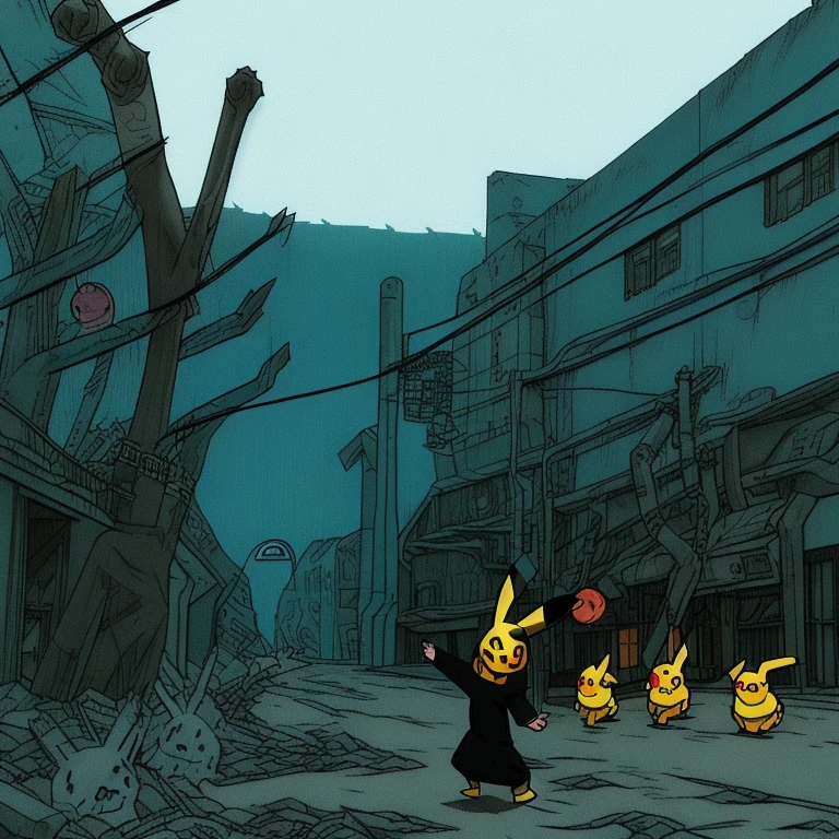 90s anime style, alone, (((Muscular Pikachu))) Pikachu attacks,In the background is an abandoned, abandoned building, Gloomy atmosphere, Cinematic, Detailed body, Fine grain, 8k, highest quality, Full Sharp, Very detailed, Skin pores, Natural skin texture, Superior quality,((Scary Pikachu/Creepy Pikachu)),((Abnormally long limbs:1.5)),