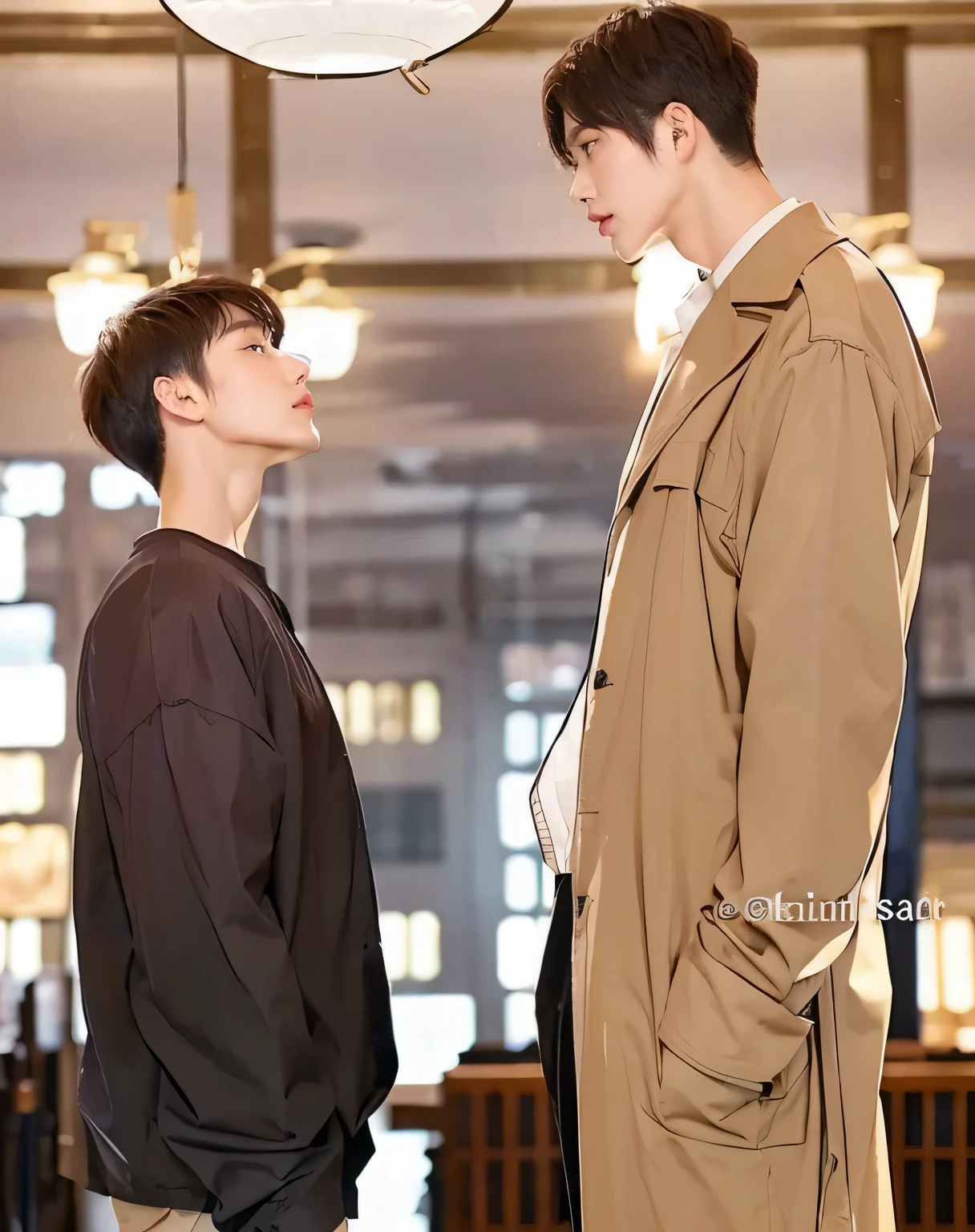 masterpiece, best quality, solo, 1boy, short hair, beige shirt, black pants, Black shoe, Posing, realistic, male focus, brow hair, black eyes, Full body, lips, studio