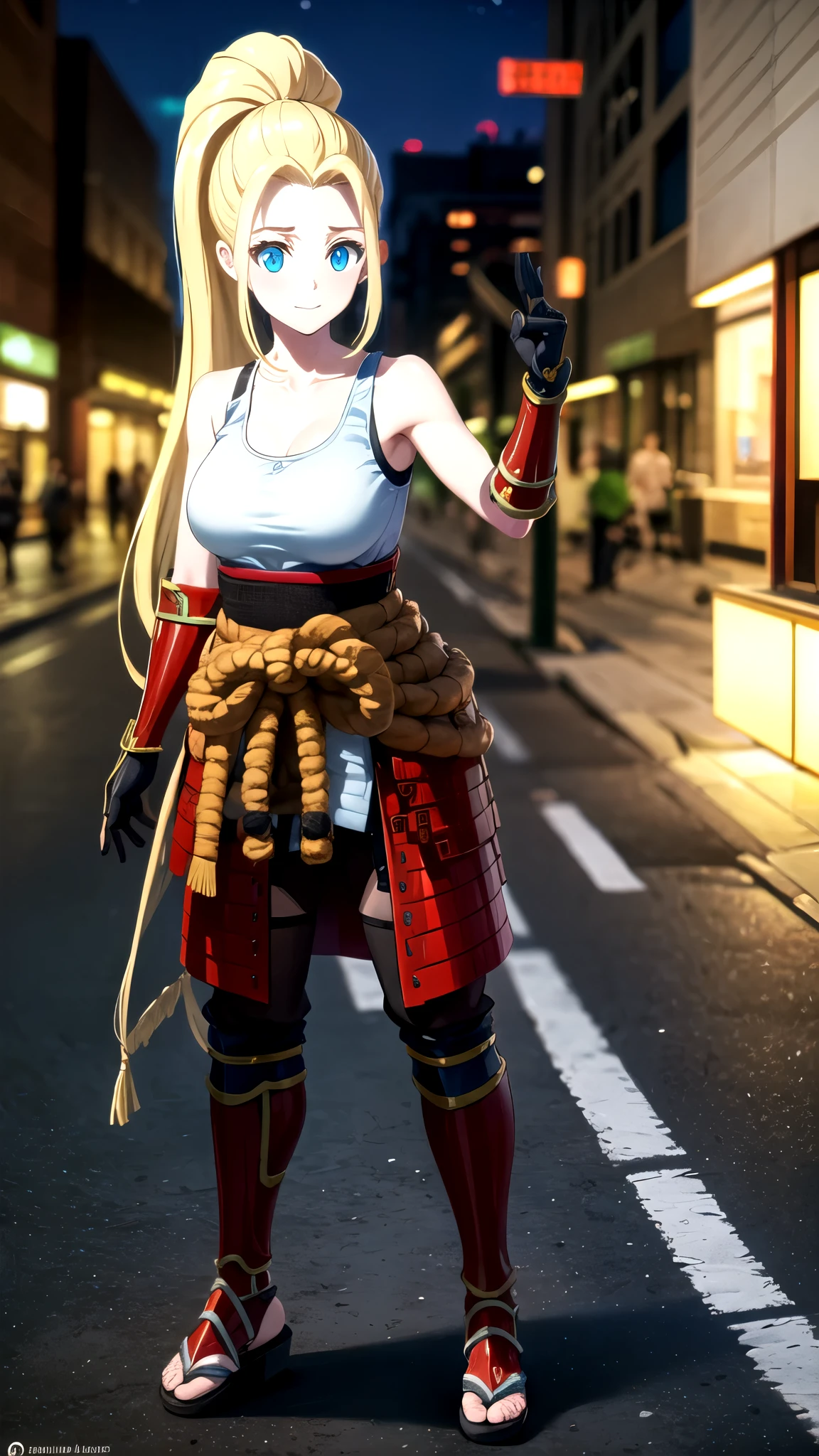 photorealistic, (4k), depth of field, (Masterpiece), (realistic skin texture), extremely detailed, intricate, hyper detailed, professional photography, bokeh, high resolution, sharp detail, best quality, girl, long hair, blonde hair, ponytail, blue eyes, white tank top, (samurai armor), gloves, knees to chest , dynamic pose,  open highway, empty roads, happy, standing in the middle of the road, daylight, japanese architecture,