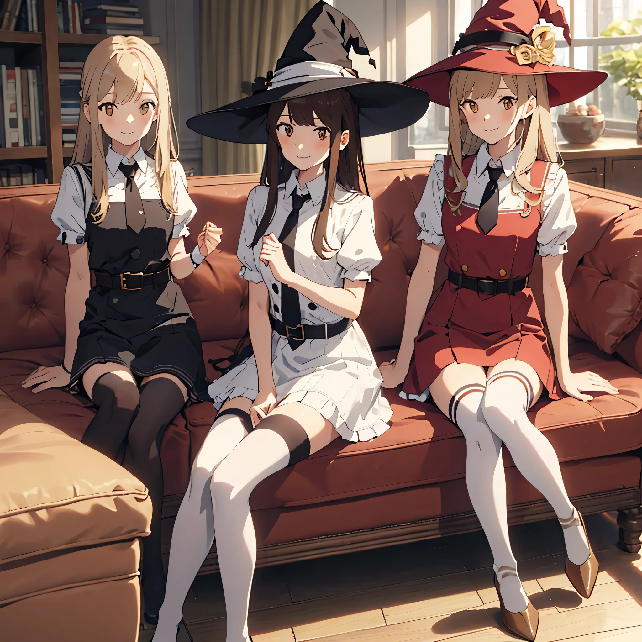 two beautiful young women in witch , multiple girls, witch hat, necktie, sitting, socks, dress, smile, short sleeves, brown hair, long hair, couch, blonde hair, kneehighs, looking at viewer, red dress, closed mouth, indoors, thighhighs, brown eyes, belt, white shirt, bangs, puffy sleeves