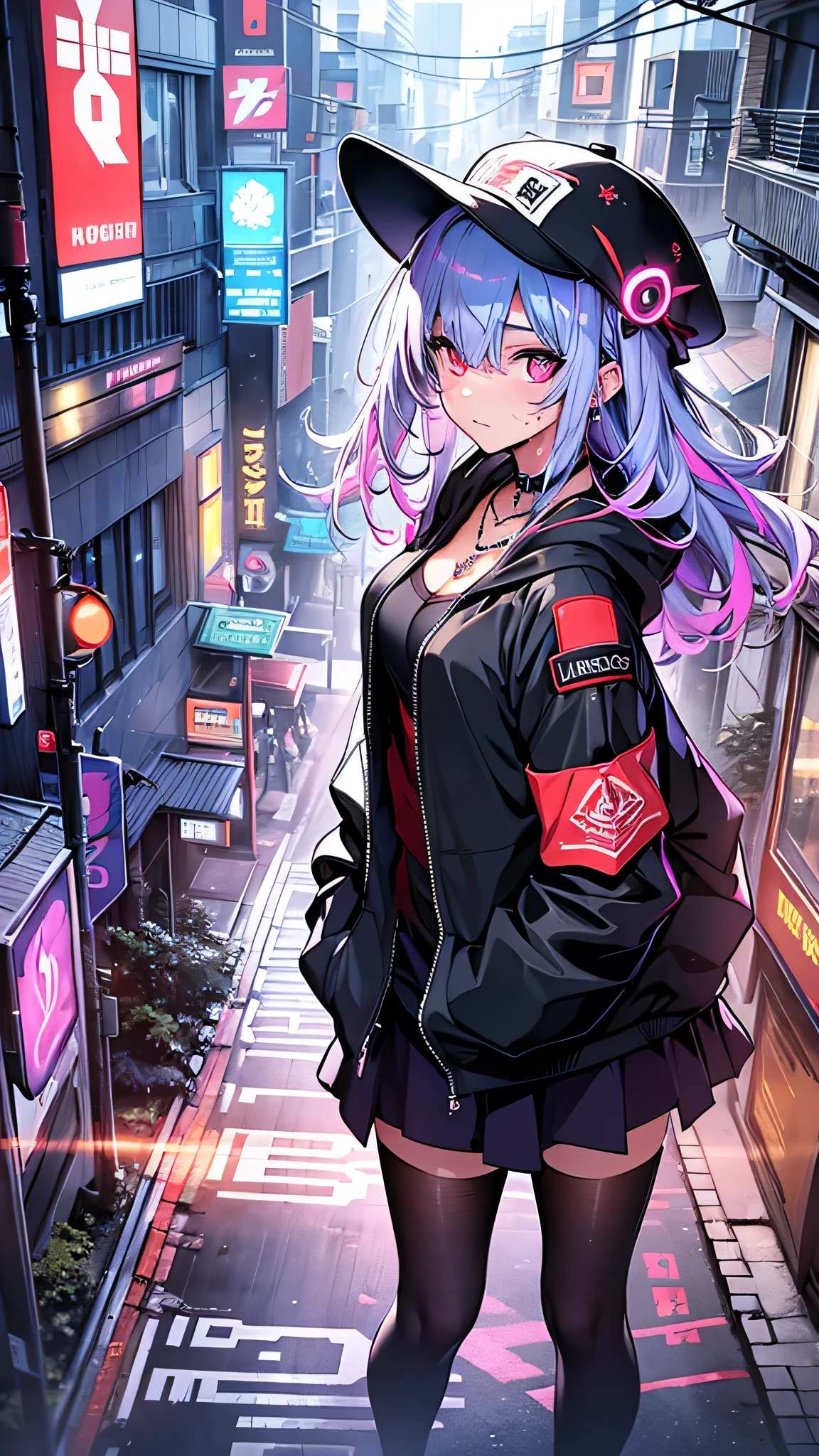 最high quality、Best image quality、masterpiece、girl((18-year-old、 By becoming、Best Bust、Medium Bust,Wide open breast tea、Red glowing eyes,Silver Hair、Disheveled Hair、Long Hair、thin,The highest valley、Open chest、Luminous Wristbands、hat、hair ornaments、luminous necklace、Black sleeveless hoodie(1:2)、Blue short skirt、Angle from directly above、Disheveled clothing、Show the whole body,Low - Angle、Hacker-like、sweating、lure)),high quality、Beautiful art、background((Neon Town、Neon Light、Neon rooftop at night))、Flight、Flying debris、Written boundary depth、movie、Visual Arts、Perfect art、8K,Genuine、
