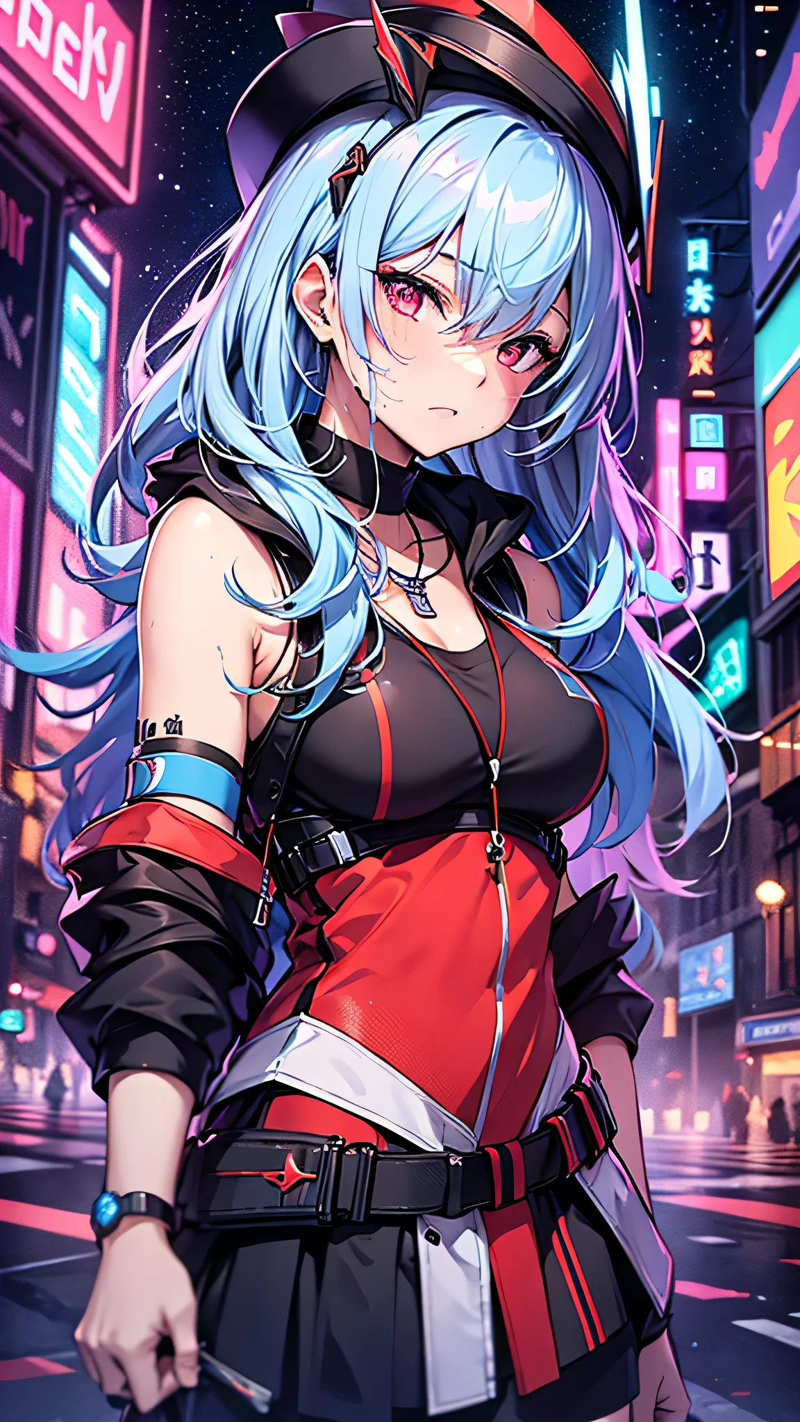最high quality、Best image quality、masterpiece、girl((18-year-old、 By becoming、Best Bust、Medium Bust,Wide open breast tea、Red glowing eyes,Silver Hair、Disheveled Hair、Long Hair、thin,The highest valley、Open chest、Luminous Wristbands、hat、hair ornaments、luminous necklace、Black sleeveless hoodie(1:2)、Blue short skirt、Angle from directly above、Disheveled clothing、Show the whole body,Low - Angle、Hacker-like、sweating、lure)),high quality、Beautiful art、background((Neon Town、Neon Light、Neon rooftop at night))、Flight、Flying debris、Written boundary depth、movie、Visual Arts、Perfect art、8K,Genuine、