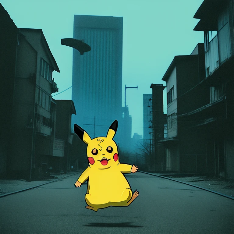 90s anime style, alone, (((Muscular Pikachu))) Pikachu attacks,In the background is an abandoned, abandoned building, Gloomy atmosphere, Cinematic, Detailed body, Fine grain, 8k, highest quality, Full Sharp, Very detailed, Skin pores, Natural skin texture, Superior quality,((Scary Pikachu/Creepy Pikachu)),((Abnormally long limbs:1.2)),