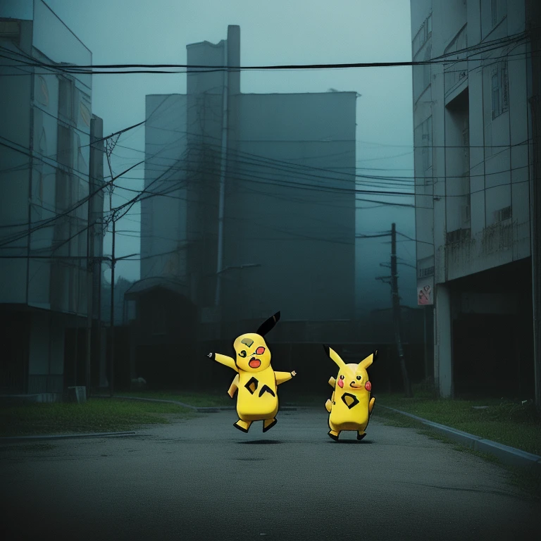 90s anime style, alone, (((Muscular Pikachu))) Pikachu attacks,In the background is an abandoned, abandoned building, Gloomy atmosphere, Cinematic, Detailed body, Fine grain, 8k, highest quality, Full Sharp, Very detailed, Skin pores, Natural skin texture, Superior quality,((Scary Pikachu/Creepy Pikachu)),((Abnormally long limbs:1.2)),