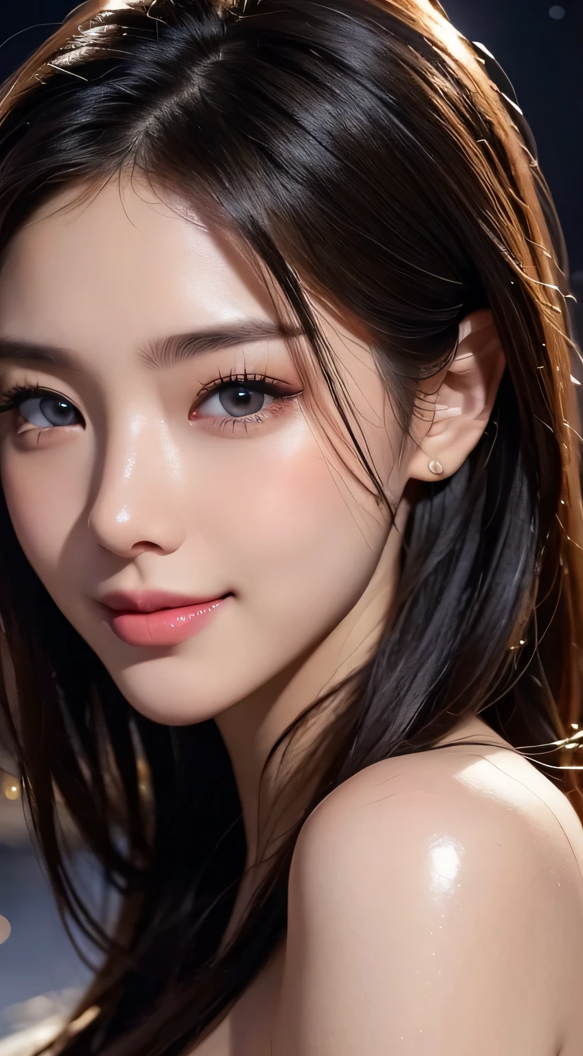 Beautiful woman in kimono，body portrait、8k，fine and beautiful eyes，Dindal effect、masterpiece, 最high quality, high quality, High resolution、very detailed photos、(natural skin texture、fine skin、hyper realism、Super sharpness)、high detail skin、(very detailed、fine skin texture、intricate details、beautiful face、(lifelike face)、realistic eyes、beautiful and detailed eyes、real looking skin、beautiful skin、surreal、very detailed、golden ratio、with smiling eyes、((night moonlight background))、body portrait、G cup、big breasts,glamorous,shiny bodysuit