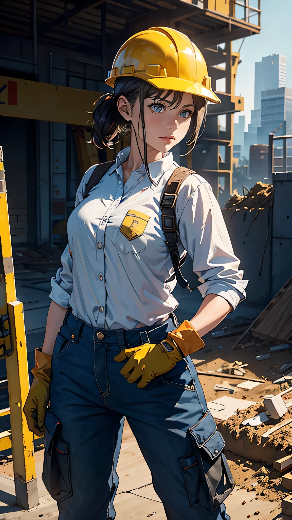 A girl in a construction site, wearing a long-sleeved shirt, cargo pants, a safety helmet, and an Electric impact screwdriver in her right hand.

(highres,4k,best quality:1.2),ultra-detailed,(realistic:1.37),heavy-duty construction site,professional,industrial lighting,vibrant colors,bokeh,gritty atmosphere

[construction worker], [urban], [dynamic pose], [power tool], [safety gear], [concrete], [cranes], [dust and debris], [blueprints], [construction equipment], [steel beams], [hard hat], [work gloves], [scaffolding], [construction site signs], [noise and activity], [yellow caution tape], [sunlight and shadows], [busy workers], [dirt and mud], [construction vehicles], [hardworking]

I hope this prompt helps you generate a beautiful and detailed image of a girl working at a construction site.