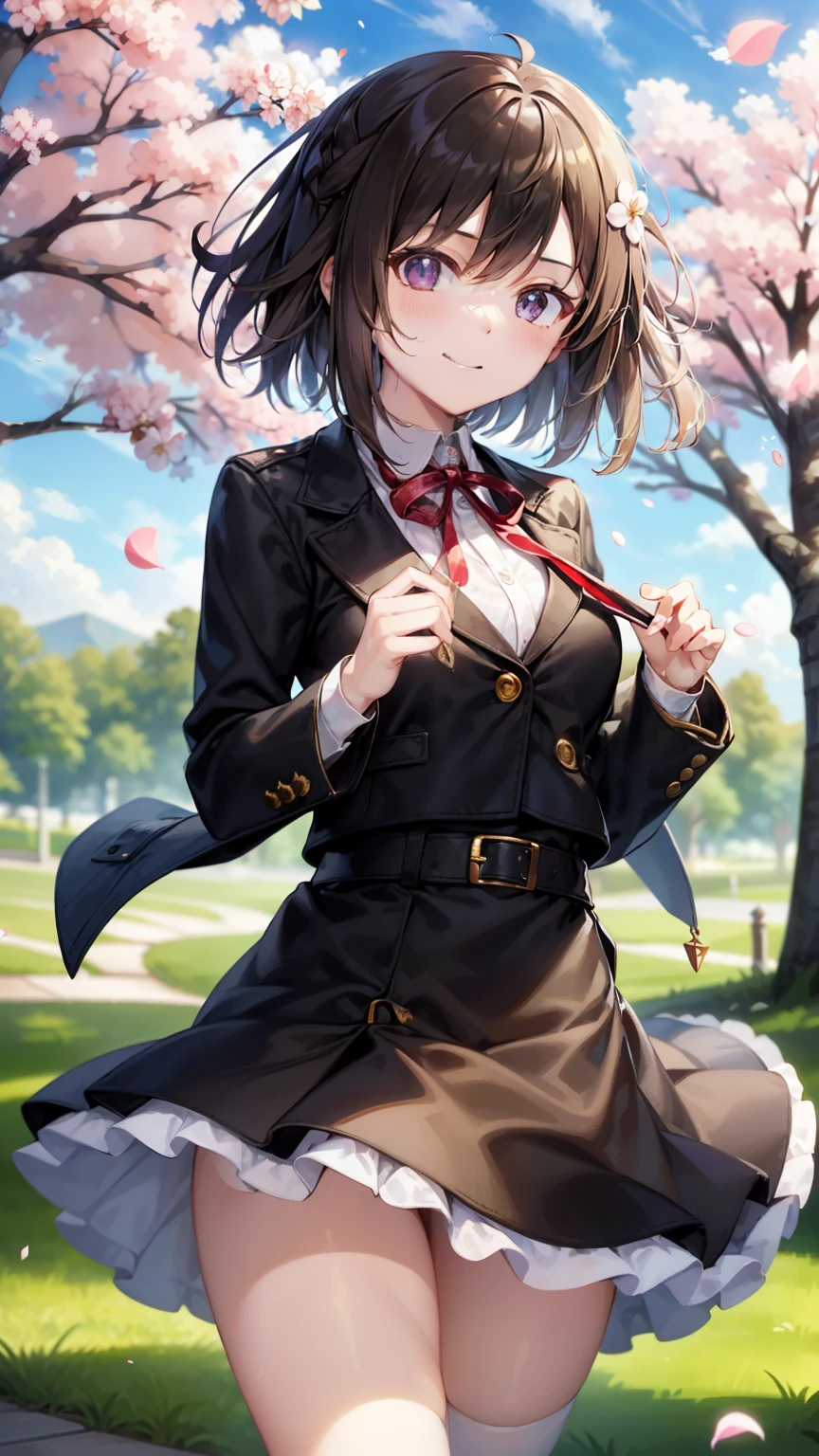 shinkai makoto, kimi no na wa., 1girl, bangs, blond hair, blush, purple eyes, shiny skin, red headband, red bow, red ribbon, collared shirt, white shirt, black blazer, white skirt, short hair, smile, cute, solo, happy, beautiful, looking at the viewer, long sleeves, upper-body, cherry_blossoms, falling_petals, petals, branch, pink_flower, blue_sky, sunlight, spring_season, wind, tree