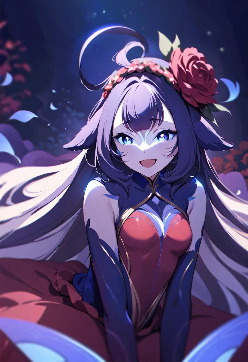(shylily/(Twich/):1.5),(masterpiece:1.2),(best quality:1.2),, (1girl:1.3),(masterpiece, best quality), Intricate details, Kawaii, (((Cheerful smile))), Open mouth and laugh, Supine, Looking at the audience, feather headdress, night, (((Red Garden))), sitting, 15-year-old student, 1 Girl, Solitary, Practical, Ultra Detailed, (Glowing skin:1.4), absurd, slim, Dynamic Lighting, high resolution, Clear focus, Depth of Field, Delicate eyes, sharp pupils, Practical pupils, (Small Breasts:1.6), (Thick thighs:1.0), portrait, side fringe,Droopy eyes, Closed Wings, Pantyhose, Floral decoration,