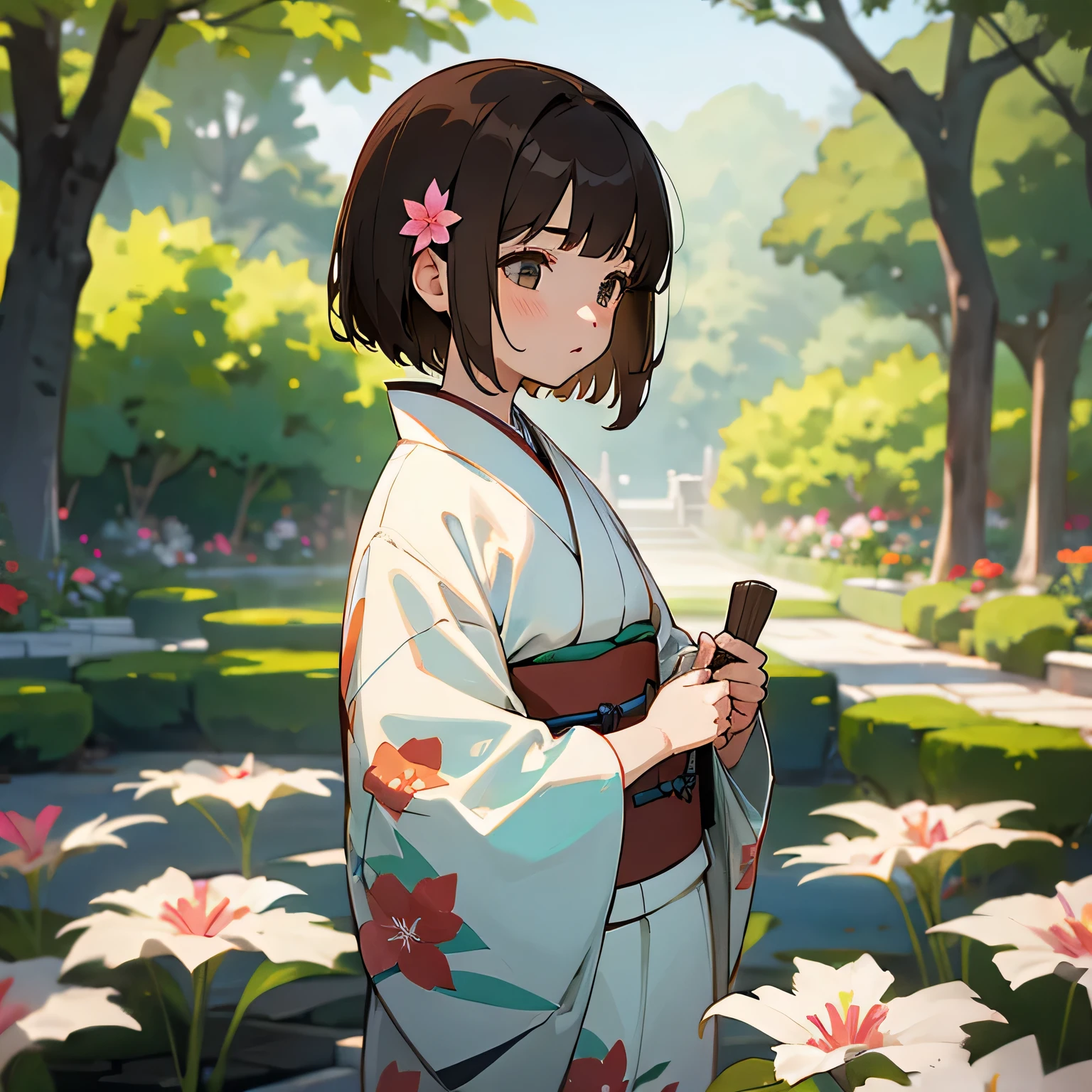 girl、Brown Hair、short hair、Flower pattern kimono、garden
