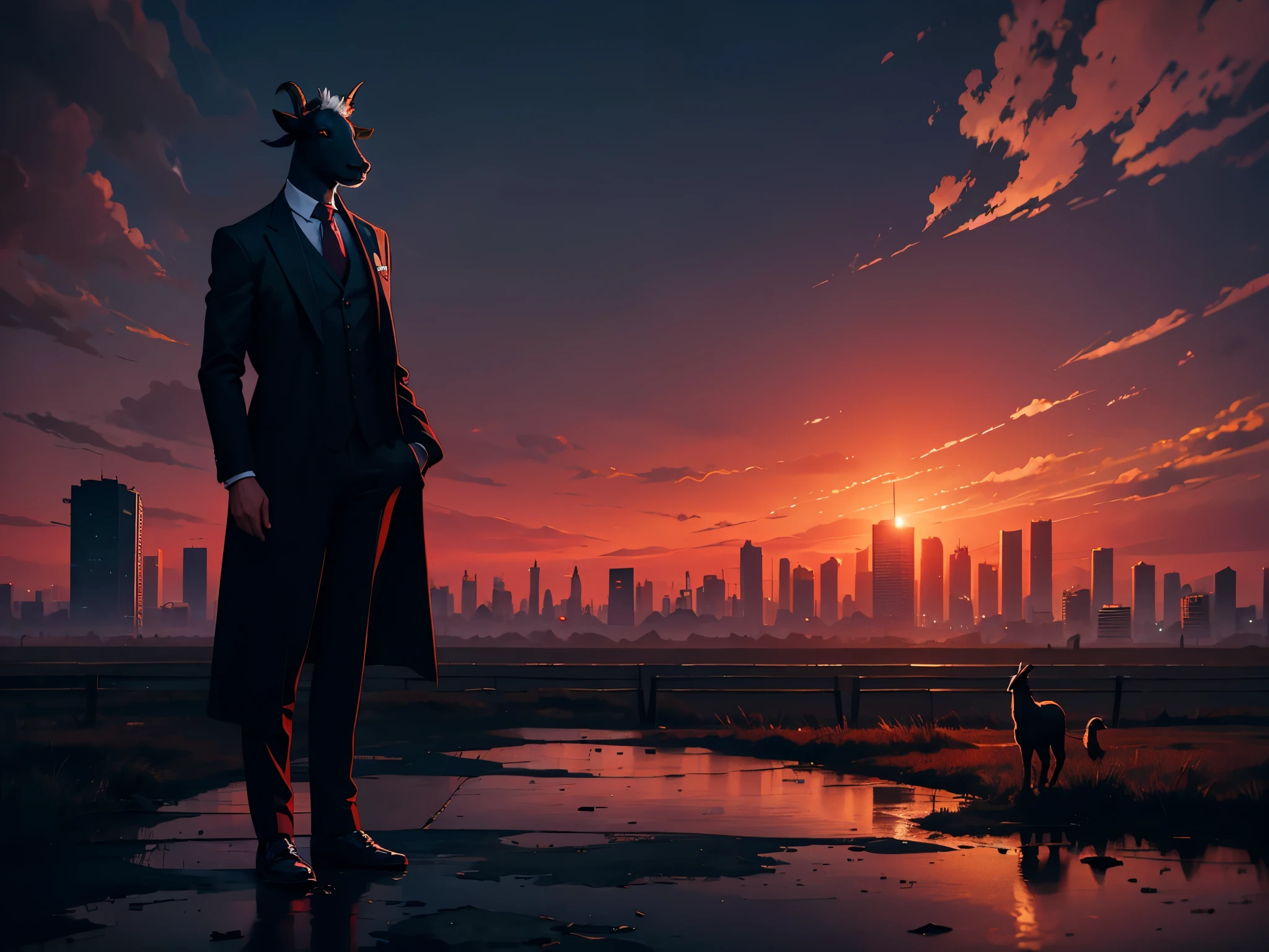 A goat in a suit stands in the middle of the dark and damp city ruins,Red sky,Standing elegantly