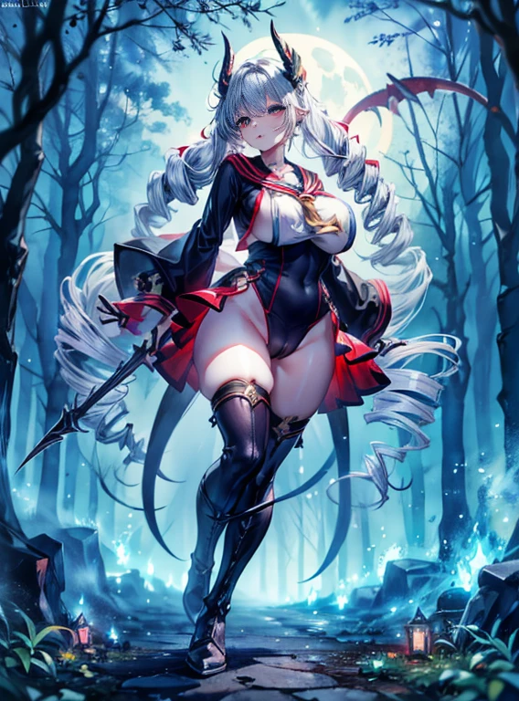 ((Sickle)),Green Eyes Top Quality Super Detailed,unity 8k wallpaper,Embarrassing,Sailor suit,((Twin Drill)),大Sickle,Dark fantasy,((watercolor)),whole body,moonlit garden,((Glowing Eyes)),beautiful girl,Silver Hair,Wide Shot,Braided boots、Camel Toe、Giant tit、Nipple Puffs、Cleavage、Plump、Super big breasts、Super big butt、Devil Wing