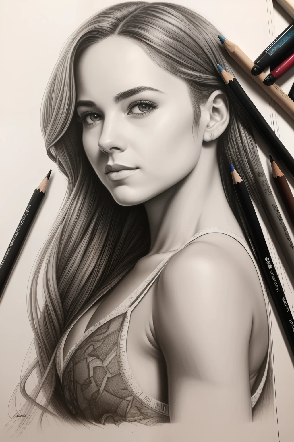 Ultra Instinct Beautiful Vanessa, the captivating character from the movie "Deadpool," is brilliantly portrayed in this pencil drawing. The graphite shades intricately capture her serene expression, as she focuses intently on her artwork with a deep sense of concentration. Loose strands of her hair defy gravity, adding a playful touch to the otherwise tranquil scene. A single pencil, a testament to her artistic dedication, lies beside the finished artwork. The sketchbook texture adds an authentic appeal, and the monochrome palette showcases Vanessa's aura of mastery in this stunning graphite rendition.