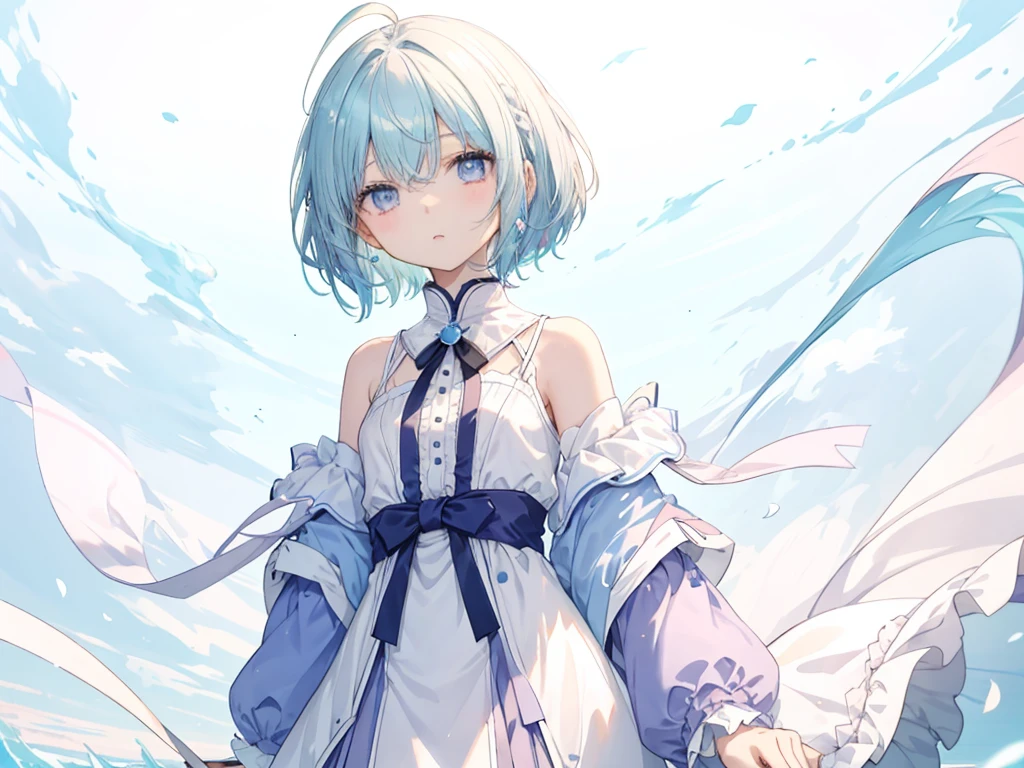 From afar、Very detailed eyes、Slim and long, 1 girl、Very delicate and beautiful girl, Young girl, pastel colored short hair, Ahoge、ribbon、Gradient Hair、Inner Color、 Beautiful details, Medium Chest, Pastel colored clothes,Beautiful Salar de Uyuni、whole body、